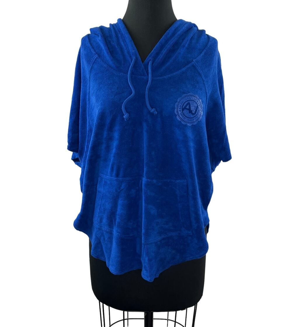 ARMANI JEANS Blue Misura Cape Sweater Terry Hooded V-Neck Drawstring Sz Small
